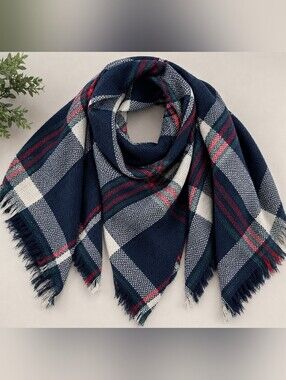 Love Lakeside Oversized Blanket Scarf Navy Tartan Plaid Wrap 56x53 Unisex CC